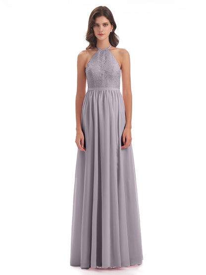 Harper A-line Halter Lace Long Bridesmaid Dresses