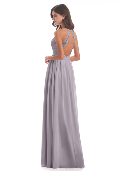 Harper A-line Halter Lace Long Bridesmaid Dresses