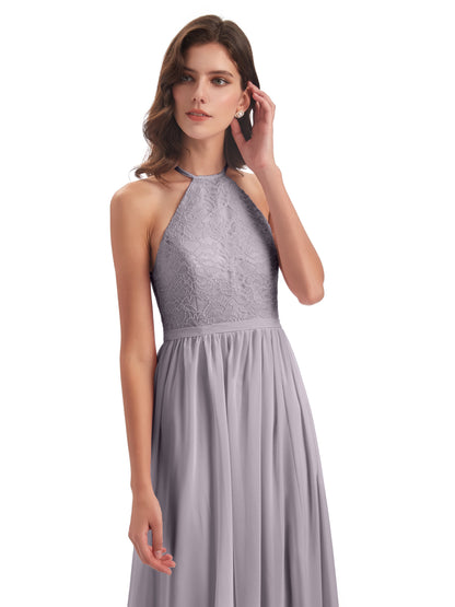 Harper A-line Halter Lace Long Bridesmaid Dresses