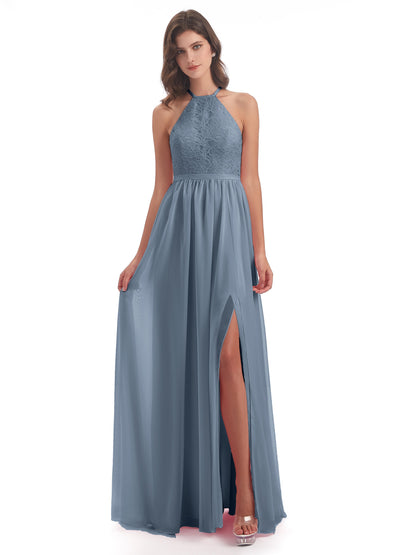 Harper A-line Halter Lace Long Bridesmaid Dresses