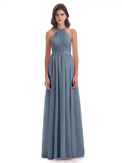 Harper A-line Halter Lace Long Bridesmaid Dresses