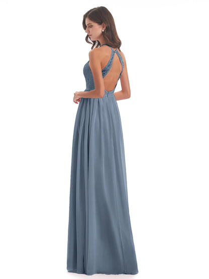 Harper A-line Halter Lace Long Bridesmaid Dresses