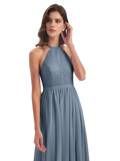 Harper A-line Halter Lace Long Bridesmaid Dresses