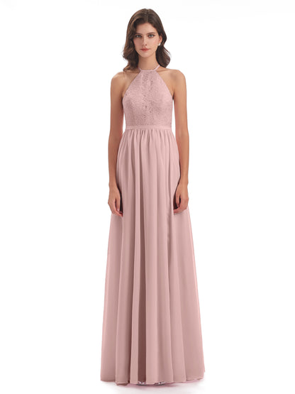 Harper A-line Halter Lace Long Bridesmaid Dresses