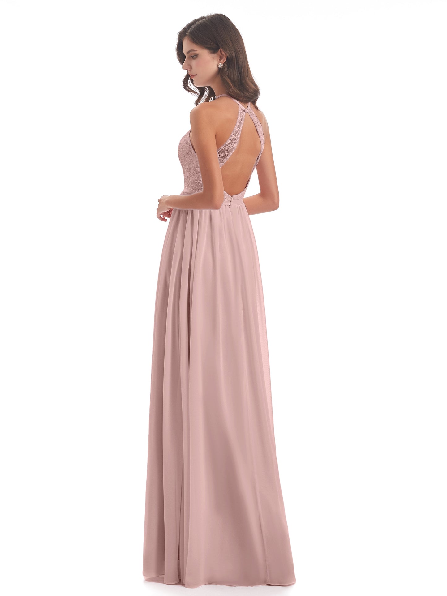 Harper A-line Halter Lace Long Bridesmaid Dresses