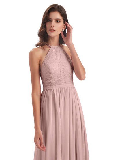Harper A-line Halter Lace Long Bridesmaid Dresses