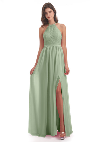Harper A-line Halter Lace Long Bridesmaid Dresses