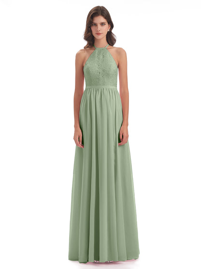 Harper A-line Halter Lace Long Bridesmaid Dresses