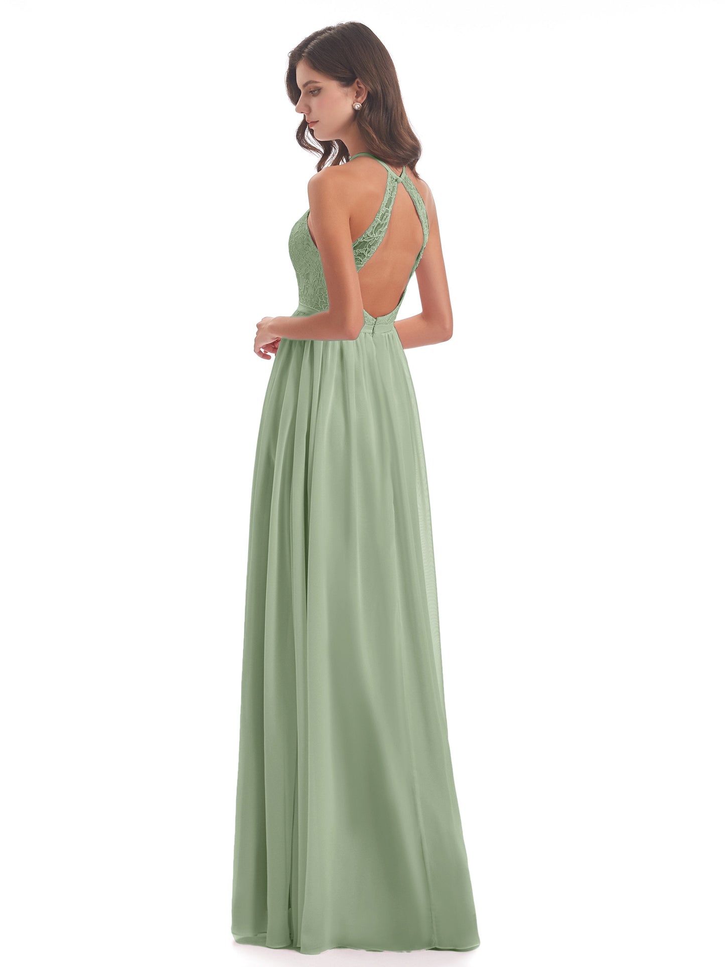 Harper A-line Halter Lace Long Bridesmaid Dresses
