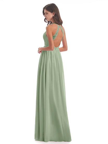 Harper A-line Halter Lace Long Bridesmaid Dresses