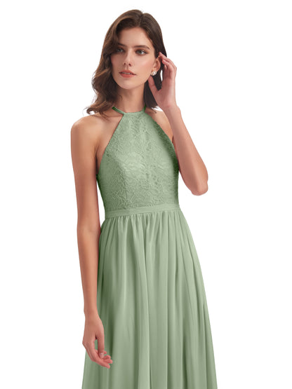 Harper A-line Halter Lace Long Bridesmaid Dresses