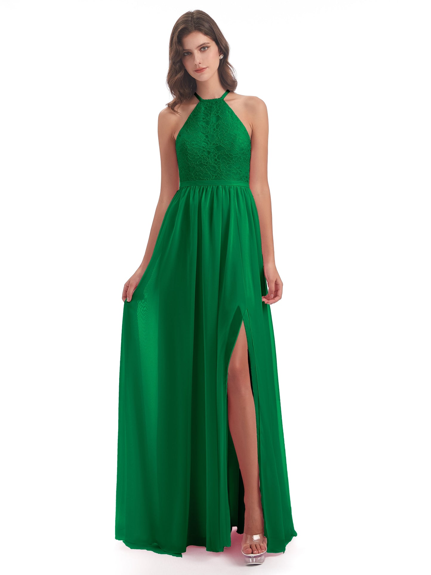 Harper A-line Halter Lace Long Bridesmaid Dresses