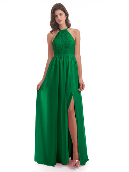 Harper A-line Halter Lace Long Bridesmaid Dresses