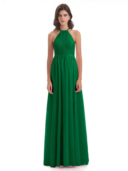 Harper A-line Halter Lace Long Bridesmaid Dresses