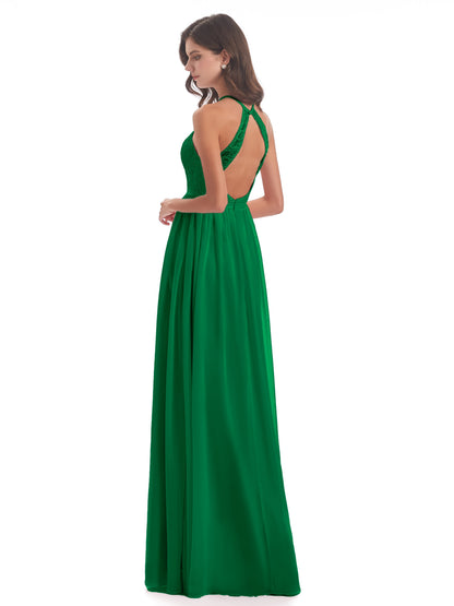 Harper A-line Halter Lace Long Bridesmaid Dresses
