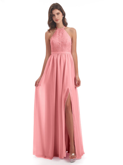 Harper A-line Halter Lace Long Bridesmaid Dresses