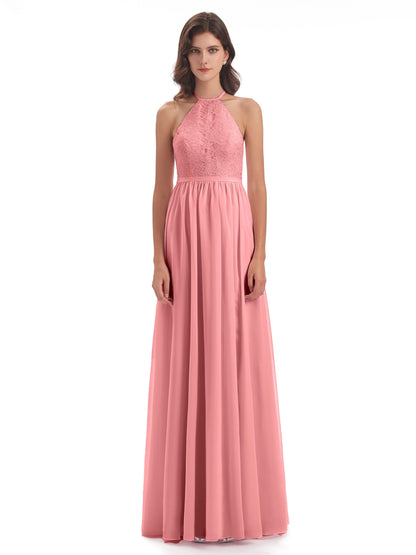 Harper A-line Halter Lace Long Bridesmaid Dresses