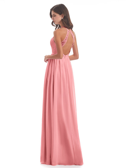 Harper A-line Halter Lace Long Bridesmaid Dresses