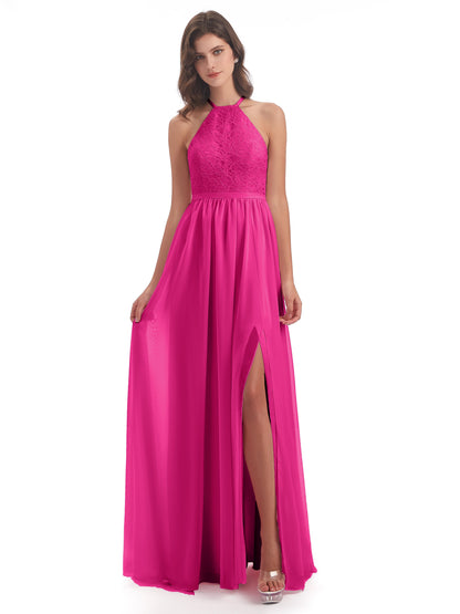 Harper A-line Halter Lace Long Bridesmaid Dresses