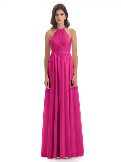 Harper A-line Halter Lace Long Bridesmaid Dresses
