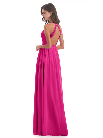 Harper A-line Halter Lace Long Bridesmaid Dresses