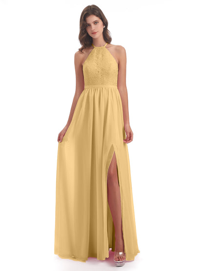 Harper A-line Halter Lace Long Bridesmaid Dresses