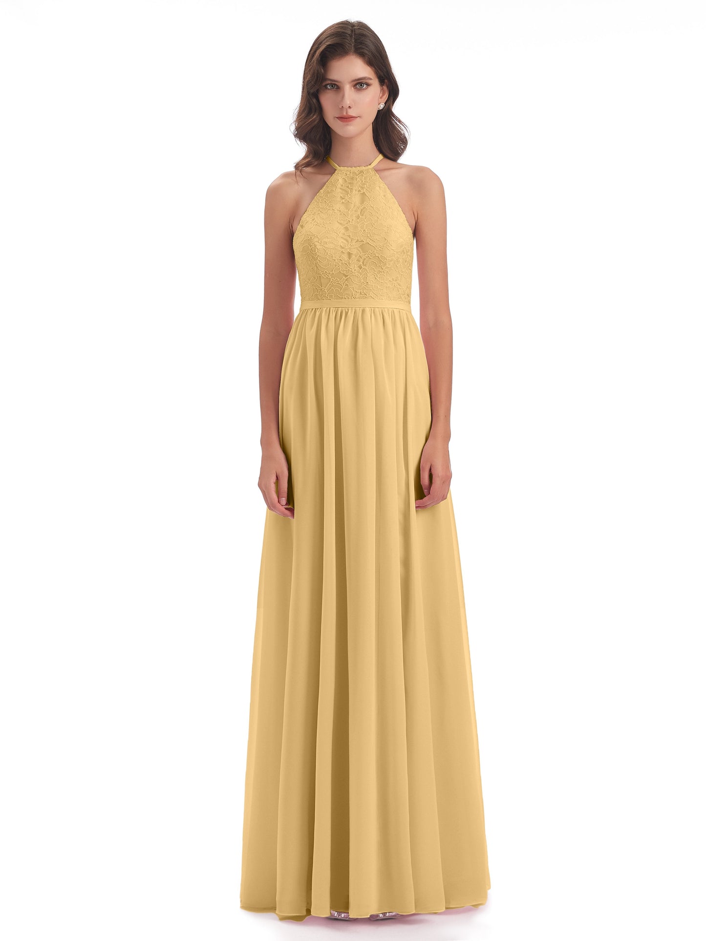 Harper A-line Halter Lace Long Bridesmaid Dresses