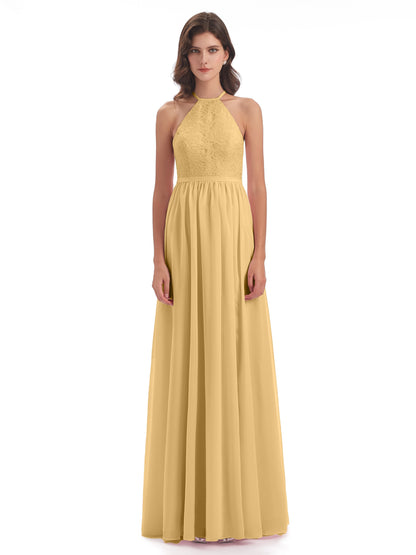 Harper A-line Halter Lace Long Bridesmaid Dresses
