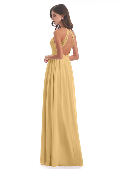 Harper A-line Halter Lace Long Bridesmaid Dresses
