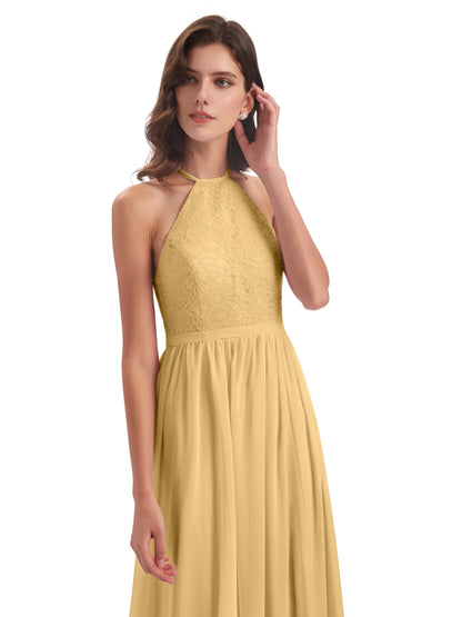 Harper A-line Halter Lace Long Bridesmaid Dresses