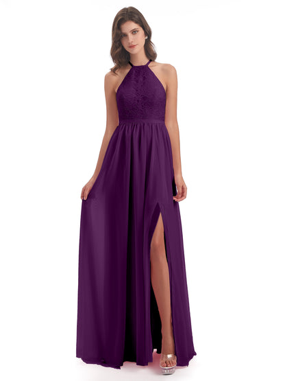 Harper A-line Halter Lace Long Bridesmaid Dresses