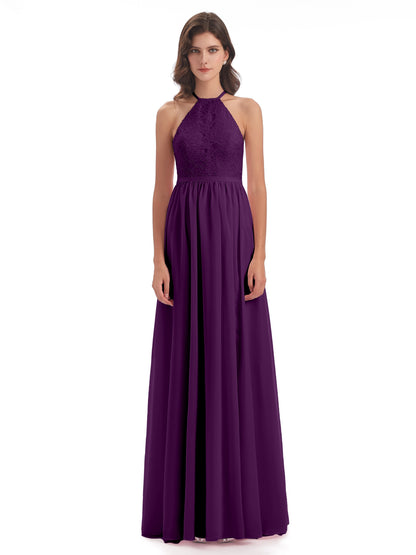 Harper A-line Halter Lace Long Bridesmaid Dresses