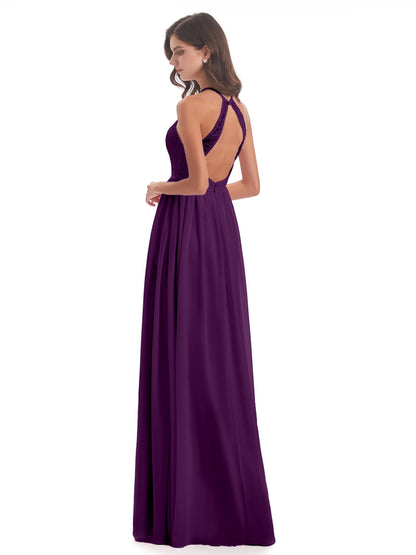 Harper A-line Halter Lace Long Bridesmaid Dresses