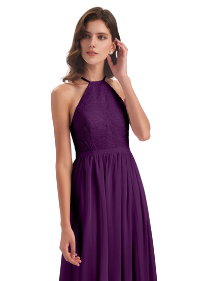 Harper A-line Halter Lace Long Bridesmaid Dresses