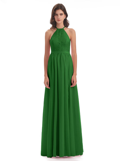 Harper A-line Halter Lace Long Bridesmaid Dresses