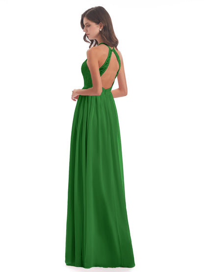 Harper A-line Halter Lace Long Bridesmaid Dresses