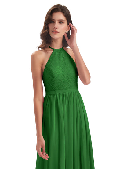Harper A-line Halter Lace Long Bridesmaid Dresses