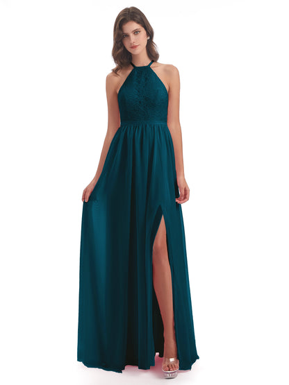 Harper A-line Halter Lace Long Bridesmaid Dresses