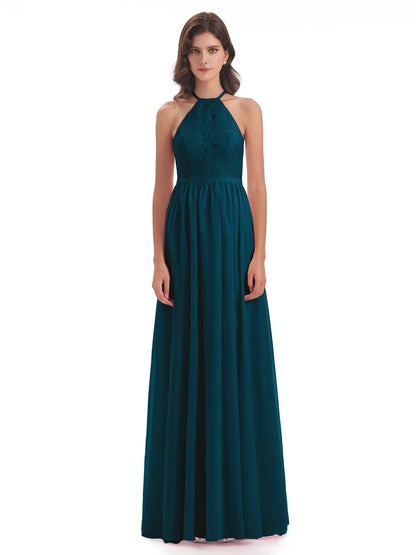 Harper A-line Halter Lace Long Bridesmaid Dresses