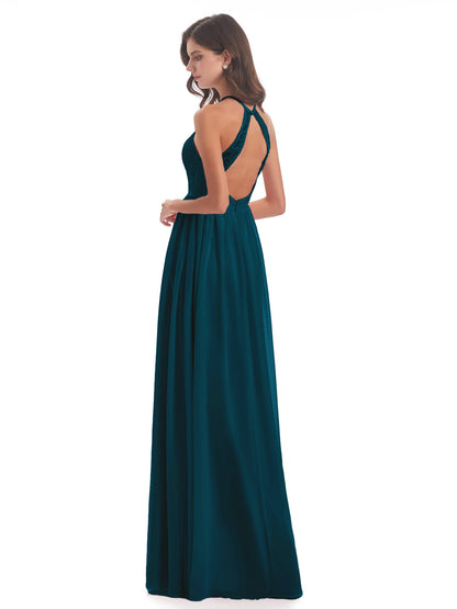 Harper A-line Halter Lace Long Bridesmaid Dresses