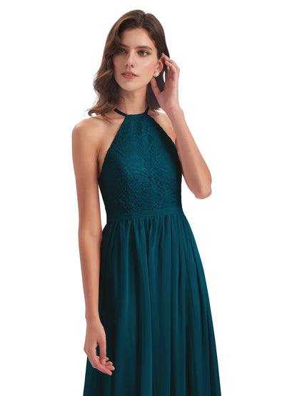 Harper A-line Halter Lace Long Bridesmaid Dresses