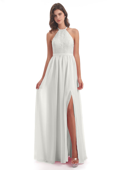 Harper A-line Halter Lace Long Bridesmaid Dresses