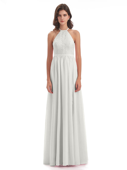 Harper A-line Halter Lace Long Bridesmaid Dresses