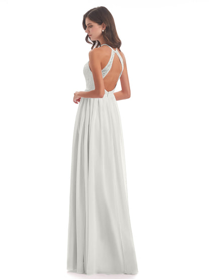 Harper A-line Halter Lace Long Bridesmaid Dresses