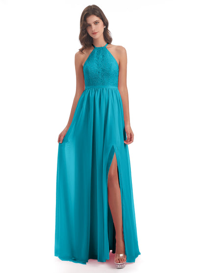 Harper A-line Halter Lace Long Bridesmaid Dresses