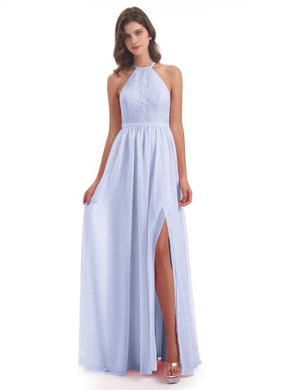 Harper A-line Halter Lace Long Bridesmaid Dresses