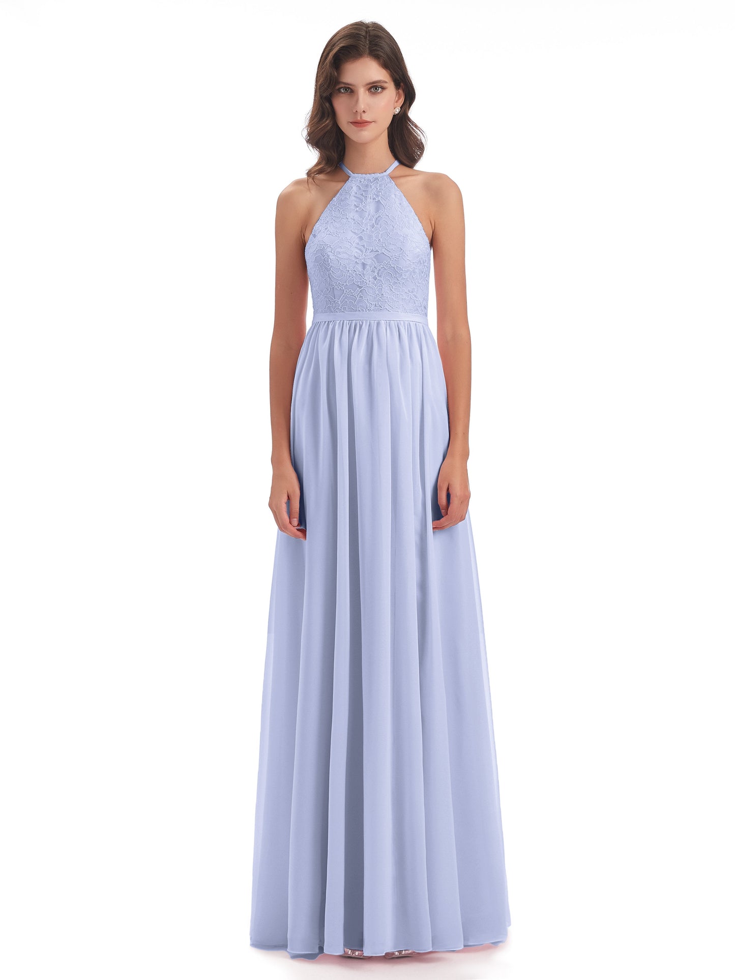 Harper A-line Halter Lace Long Bridesmaid Dresses
