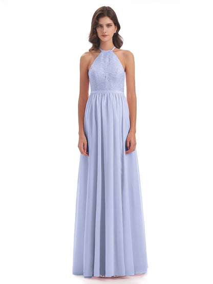 Harper A-line Halter Lace Long Bridesmaid Dresses