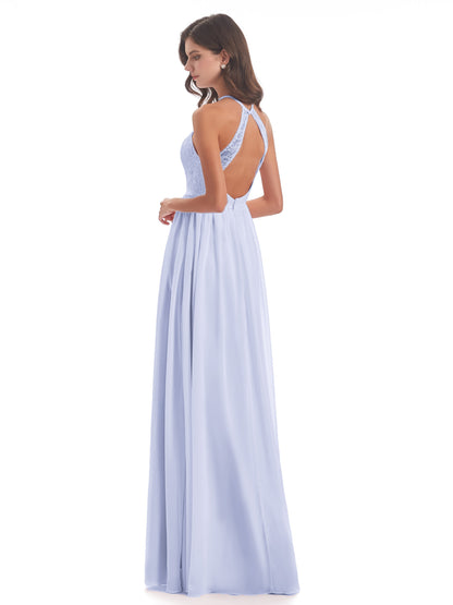 Harper A-line Halter Lace Long Bridesmaid Dresses