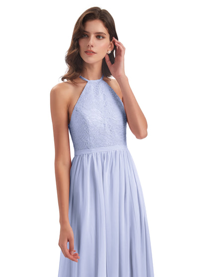 Harper A-line Halter Lace Long Bridesmaid Dresses